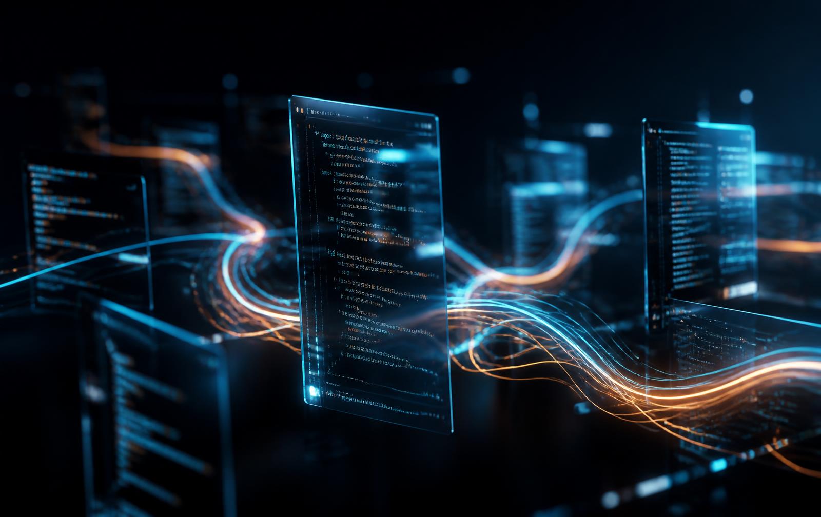Glowing panels of source code connected by light trails, representing AI agents building software